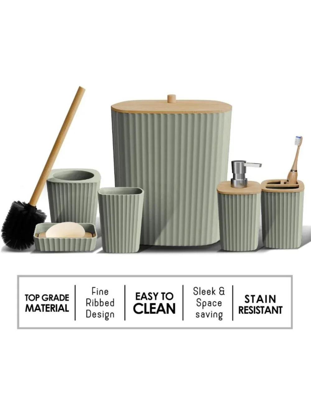 Sage Green 6PC Bathroom Accessories Set - Toilet Brush, Trash Can & Soap